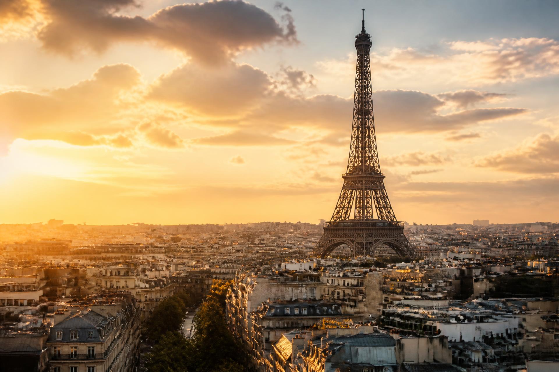 Paris skyline with the Eiffel Tower at sunset